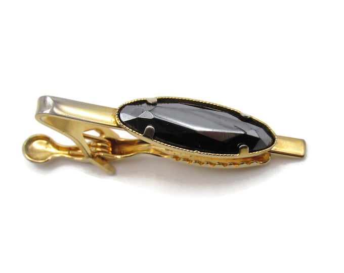Shiny Black Stone Inlay Classic Tie Bar Gold Tone Tie Clip Men's Jewelry
