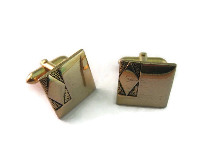 Vintage Cufflinks for Men: Gold Tone Squares Diamond Shape Etch Design