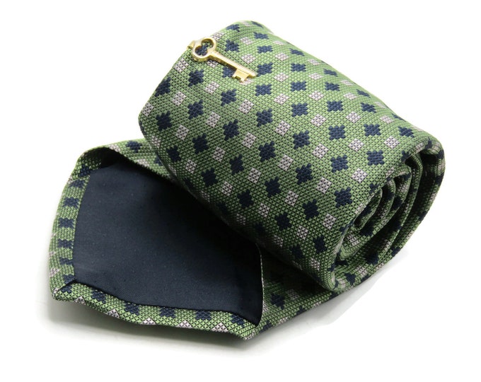 Green And Blue Diamond And Square Pattern Tie With Key Tie Clip Tie Bar Gold Tone