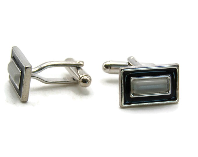 Black And White Rectangle Cuff Links Men's Jewelry Silver Tone