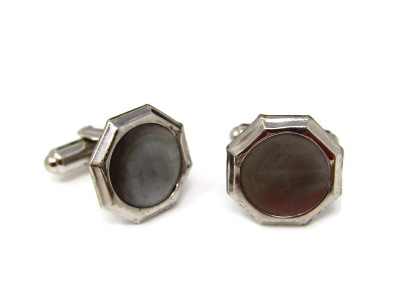 Vintage Cufflinks for Men Dark Mother of Pearl Octagon Silver Tone Made in USA