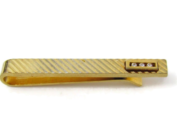 Vintage Tie Clip Bar for Men: Triple Clear Jewel Diagonal Stripe Grooves Gold Tone Design