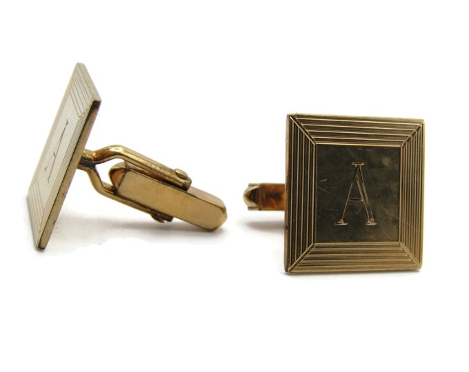 A Letter Initial Monogram Square Cuff Links Men's Jewelry Gold Tone