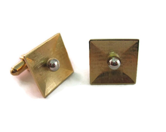 Vintage Cufflinks for Men: Silver Tone Ball Center Concave Textured Gold Tone Square Design