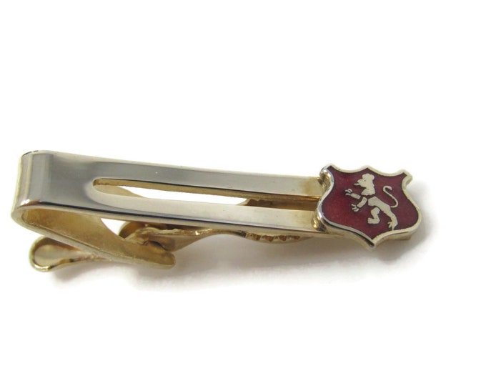 Red Crest Shield Lion Rampart Heraldic Tie Clip Bar Gold Tone Vintage Men's Jewelry Nice Design