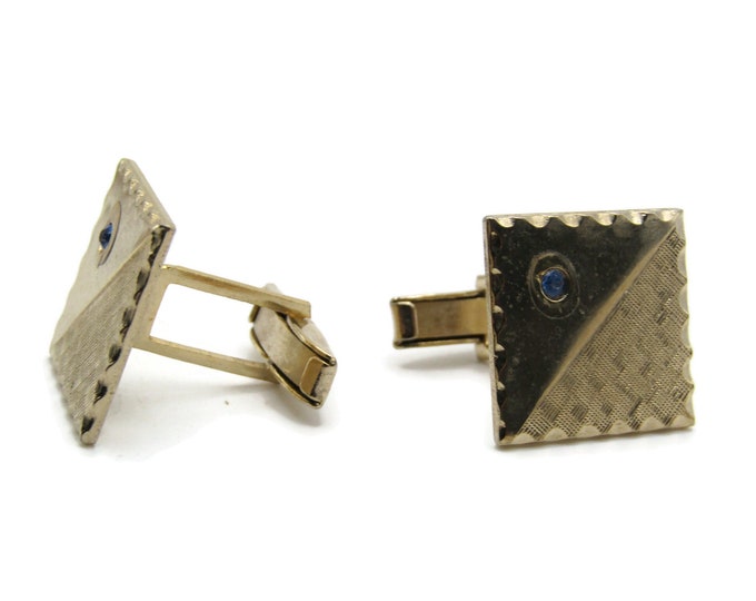 Blue Rhinestone Inlay Square Cuff Links Beveled Edge Men's Jewelry Gold Tone