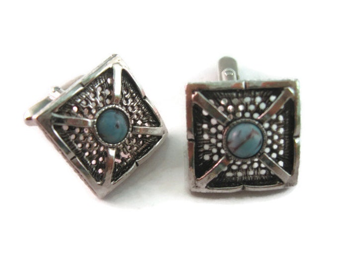 Vintage Cufflinks for Men: Nice Blue Center See Through Silver Tone Square Design