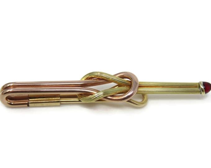 Stunning Interlocking Mixed Color Red Tip Tie Clip Bar Gold Tone Vintage Men's Jewelry Nice Design