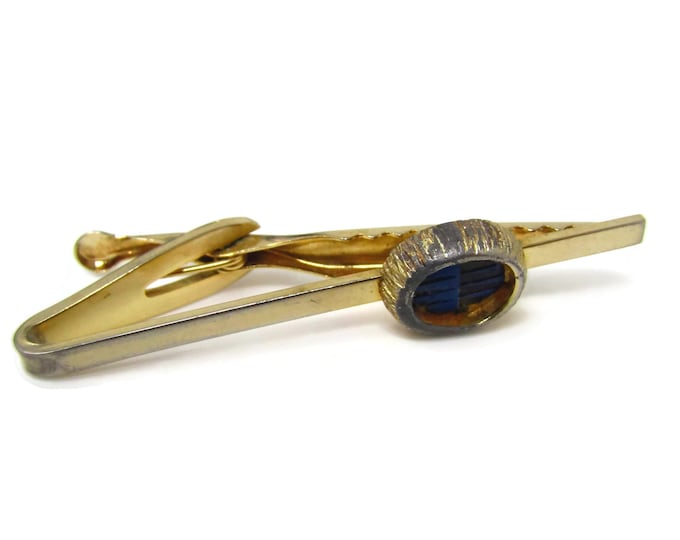 Vintage Tie Bar Clip: Blue & Black Accent Oval Skinny Gold Tone Design