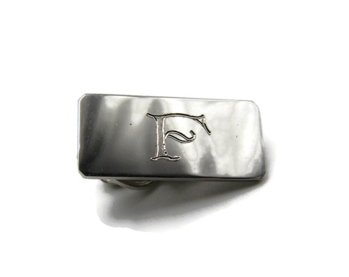 F Letter Initial Monogram Silver Tone Rectangle Shape Tie Bar Tie Chain Men's Jewelry