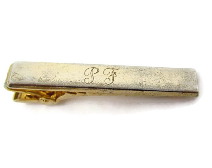 PF Tie Clip Vintage Tie Bar: Script Letters "PF" Letters Initials Faded Gold Tone