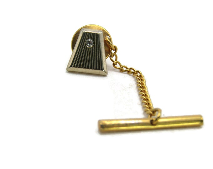 Rhinestone & Etched Line Tie Lapel Pin Gold Tone Men's Jewelry