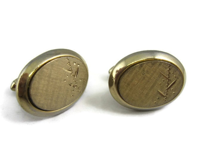 Vintage Cufflinks for Men: Stylized Flower Textured Gold Tone Oval w/ Smooth Border