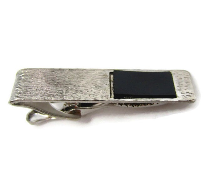 Silver Tone Wood Texture Tie Clip Vintage Tie Bar: Black Accent