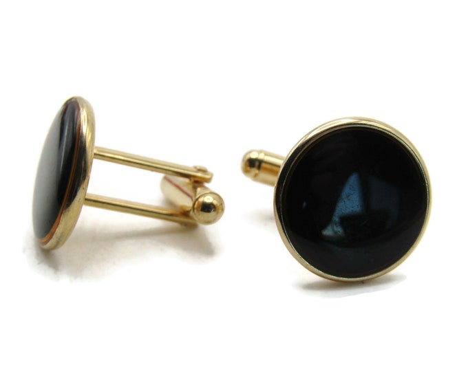 Round Black Stone Inlay Cuff Links Men's Jewelry Gold Tone