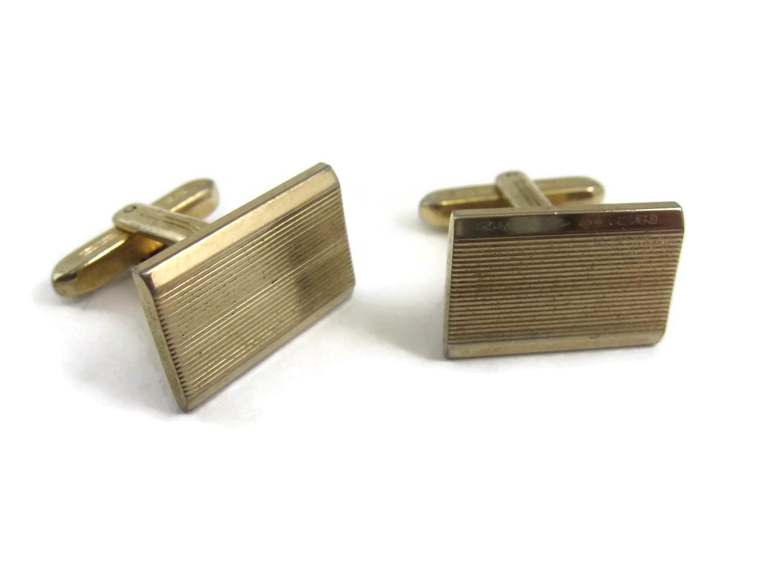 Vintage Cufflinks for Men Horizontal Groove Gold Tone Rectangle