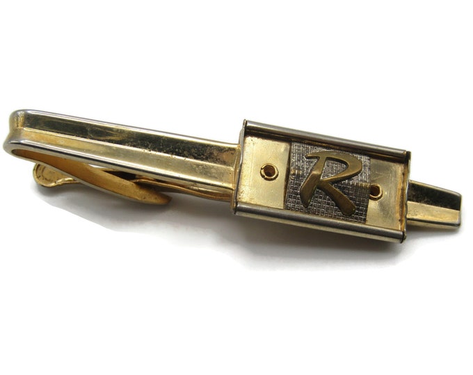R Letter Monogram Tie Bar Gold Tone Classic Vintage Tie Clip Men's Jewelry