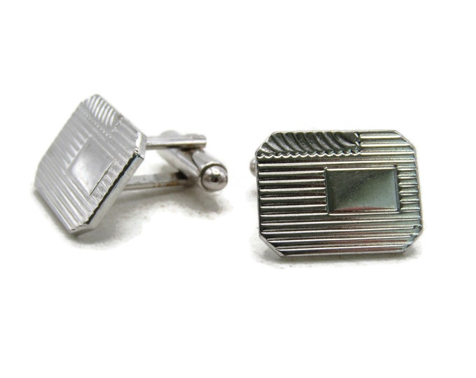 Etched Line Rectangle and Scalloped Cuff Links Silver Tone Men's Jewelry