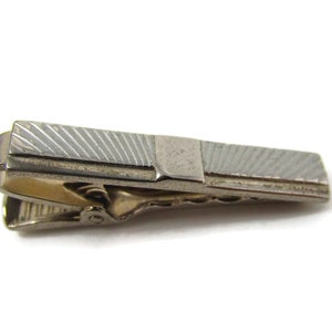 Vintage Tie Bar Clip: Ridged Body Silver Tone Smooth Square Center