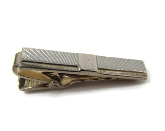 Vintage Tie Bar Clip: Ridged Body Silver Tone Smooth Square Center