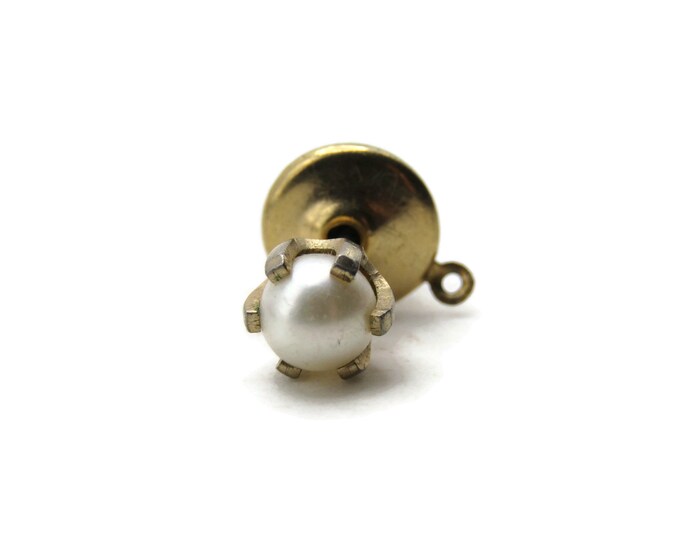 Round White Stone Tie Pin Claw Clasp Men's Jewelry Gold Tone