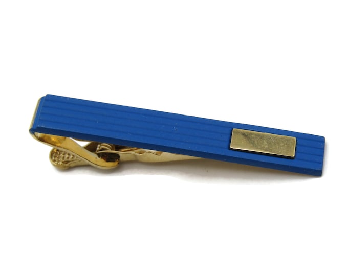 Blue Horizontal Line Gold Tone Rectangle Tie Bar Tie Clip Men's Jewelry