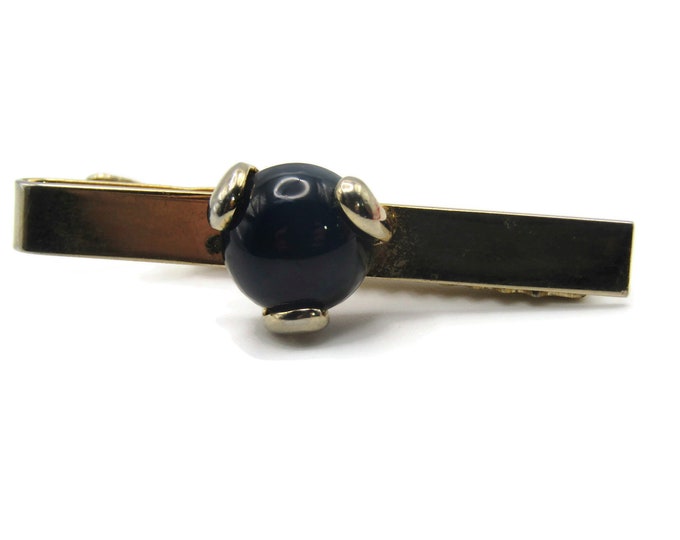 Blue Stone Inlay Modernist Tie Bar Tie Clip Gold Tone Men's Jewelry