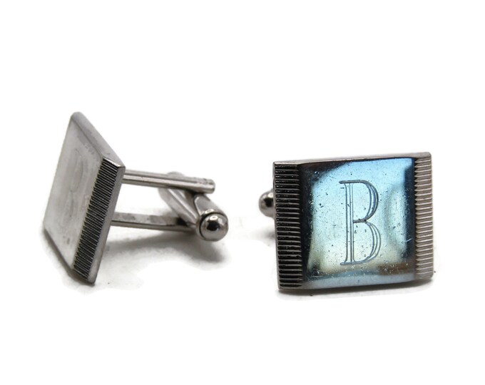 B Letter Initial Monogram Square Etched Edging Cuff Links Men's Jewelry Silver Tone