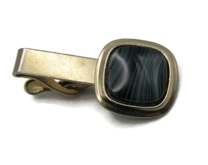 Black Grey Swirl Stone Inlay Smooth Finish Tie Clip Gold Tone Tie Bar Men's Jewelry