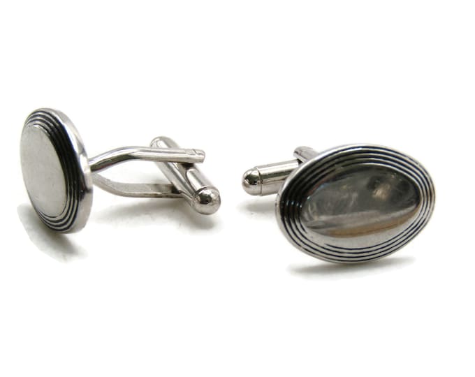 Oval Cuff Links Lined Edges Men's Jewelry Silver Tone