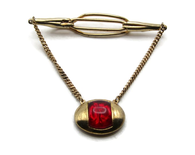 Red Stone Inlay Open Body And Chain Tie Clip Tie Bar Men's Jewelry Gold Tone