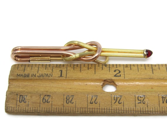 Vintage Gold Tone Interlocking Tie Clip with Red … - image 6