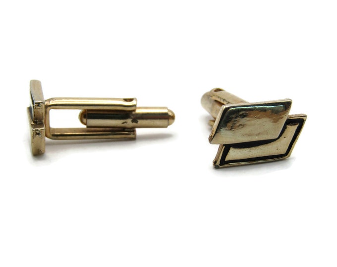 Overlapping Rectangles Cuff Links Men's Jewelry Black & Gold Tone