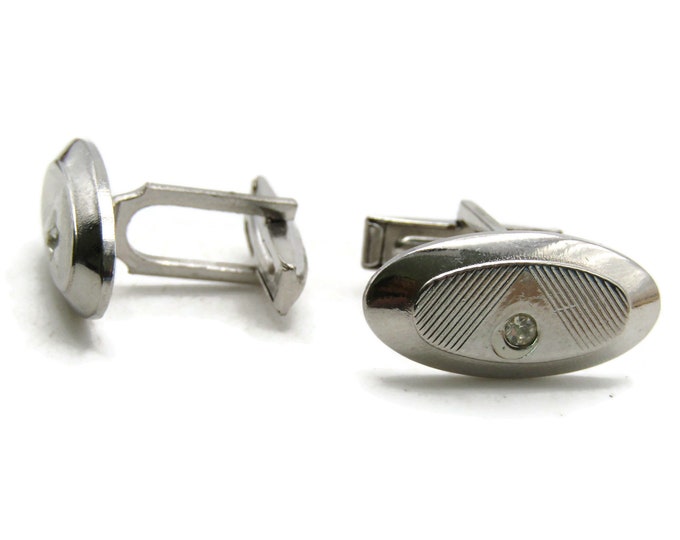 Oval Rhinestone Inlay Triangle Line Design Cuff Links Men's Jewelry Silver Tone