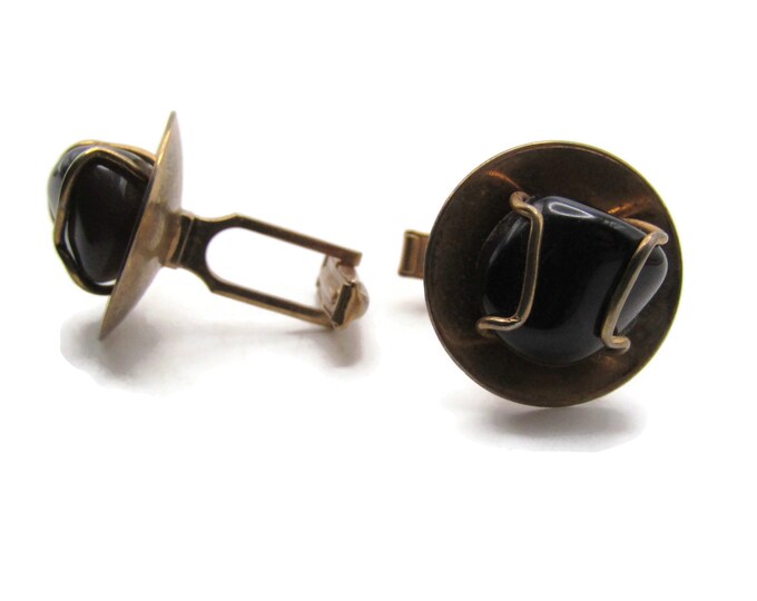 Round Black Stone Wire Wrapped Cuff Links Men's Jewelry Gold Tone