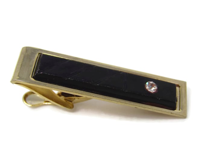 Vintage Tie Clip Tie Bar: Clear Jewel Black Setting Center