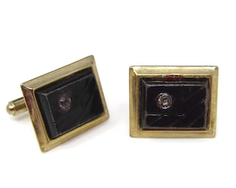 Vintage Cufflinks for Men: Black Rectangle Clear Jewel Accent Gold Tone Border