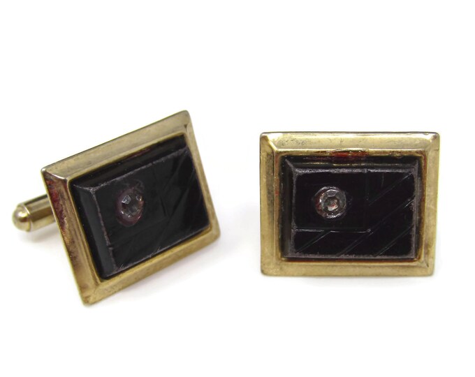Vintage Cufflinks for Men: Black Rectangle Clear Jewel Accent Gold Tone Border