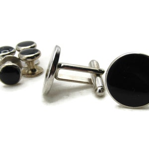 Black Circle Cuff Links And Buttons Set Of 6 Men&#39;s Jewelry Silver Tone