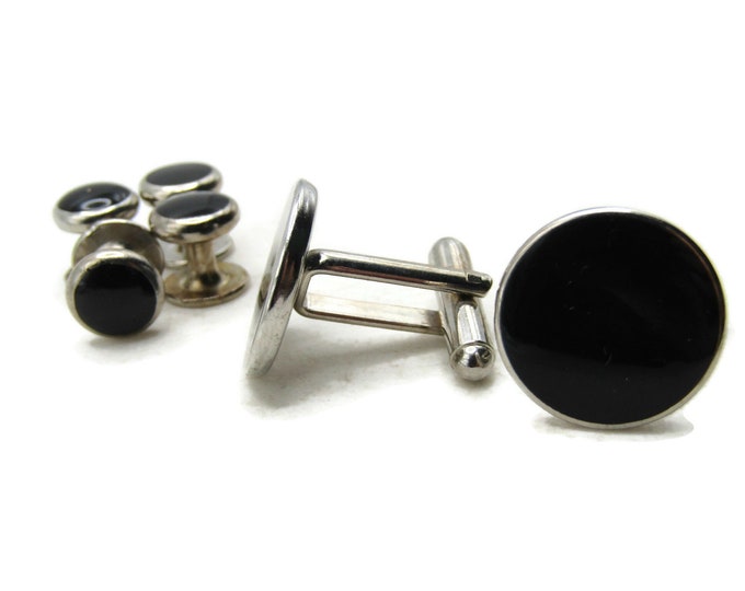 Black Circle Cuff Links And Buttons Set Of 6 Men's Jewelry Silver Tone