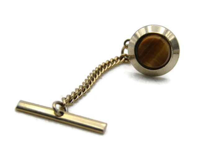 Brown Stone Inlay Circle Tie Lapel Pin & Chain Gold Tone Men's Jewelry