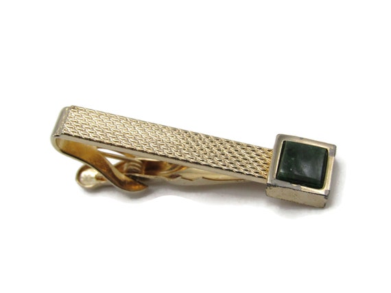 Green Stone Inlay Textured Gold Tone Tie Bar Tie … - image 1