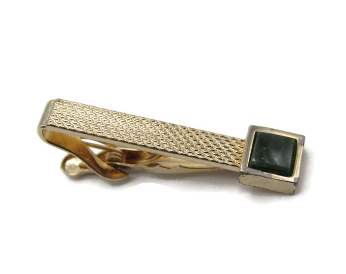 Green Stone Inlay Textured Gold Tone Tie Bar Tie Clip Men's Jewelry