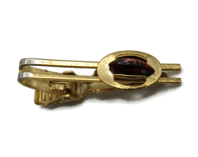Red Stone Inlay Deco Style Tie Bar Tie Clip Men's Jewelry Gold Tone