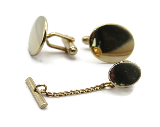 Oval Cuff Link And Tie Pin Chain Set Smooth Finish Men's Jewelry Gold Tone