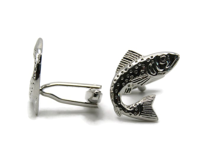 Textured Curved Fish Cuff Links Men's Jewelry Silver Tone
