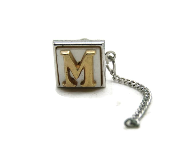 M Letter Initial Monogram Tie Lapel Pin & Chain Silver Gold Tone Men's Jewelry