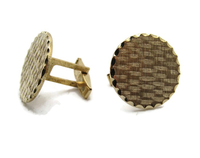 Brushed Textured Finished Round Cuff Links Beveled Edge Men's Jewelry Gold Tone