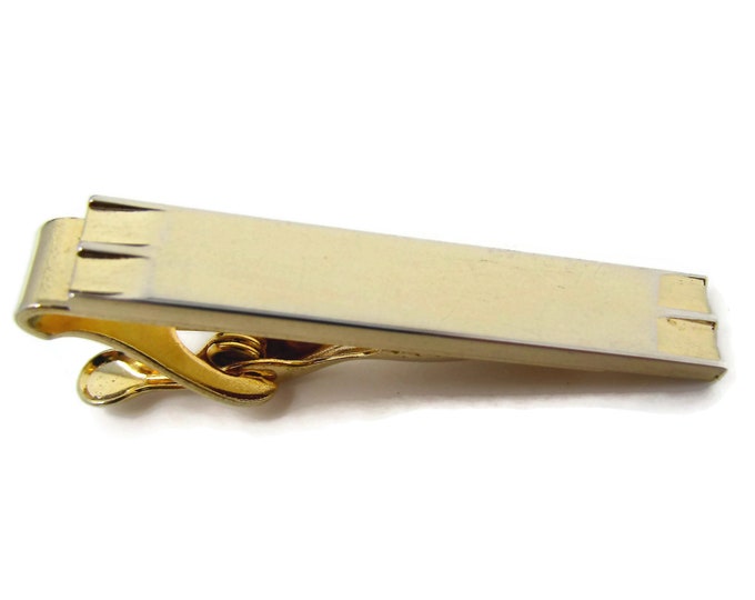 Grooved Tie Clip Vintage Tie Bar: Modernist Double Groove Ends Design Gold Tone