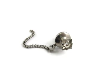 Vintage Men's Tie Tack Pin Jewelry: Square Cut Clear Jewel in Silver Tone Setting